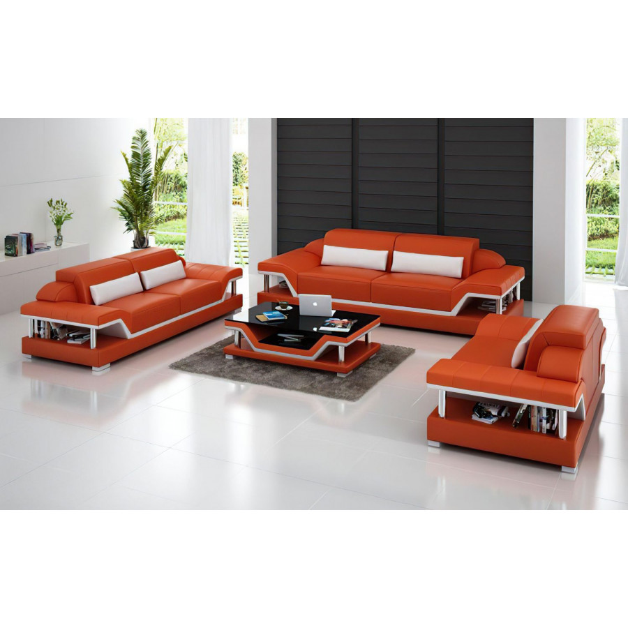 Jubilee Taliya Sofa Set with Adjustable Headrest - Orange/White, Top Grain Italian Leather