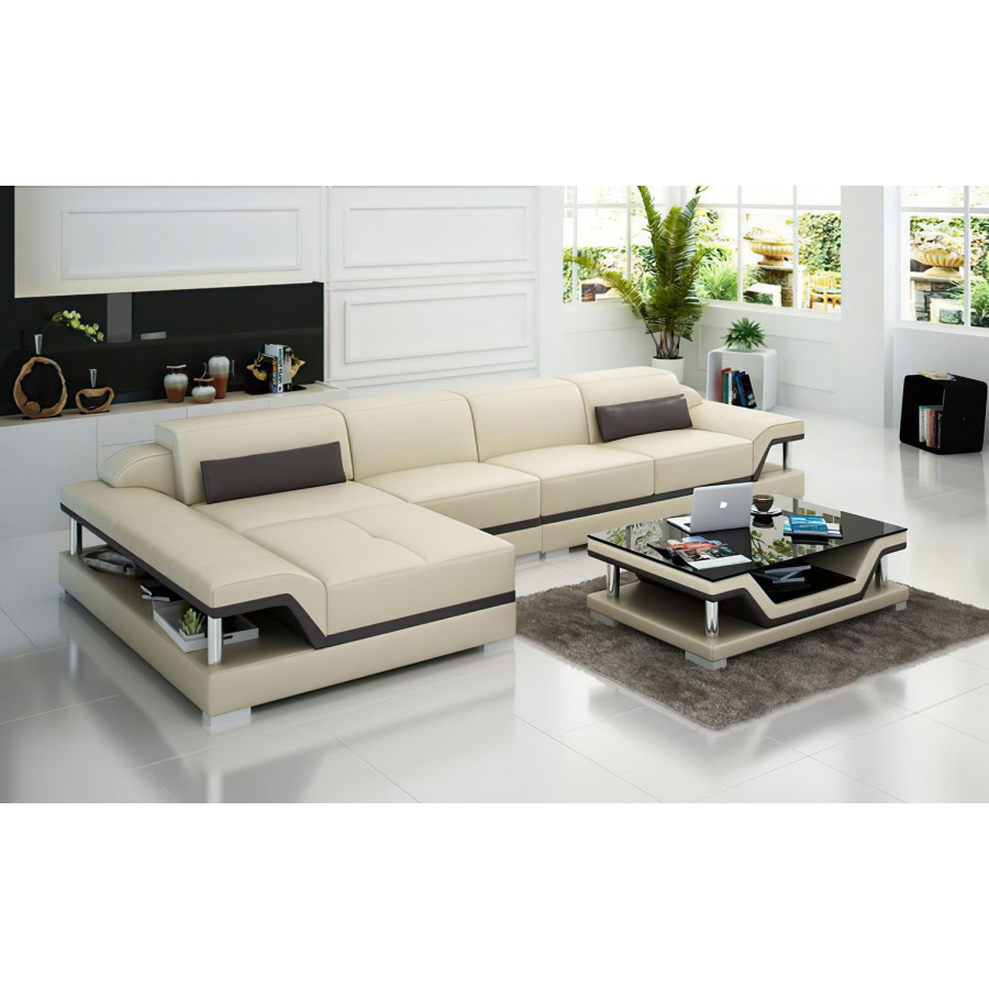 Jubilee Taliya Small Modern Left Hand Facing Sectional - Beige/Dark Brown, Top Grain Italian Leather