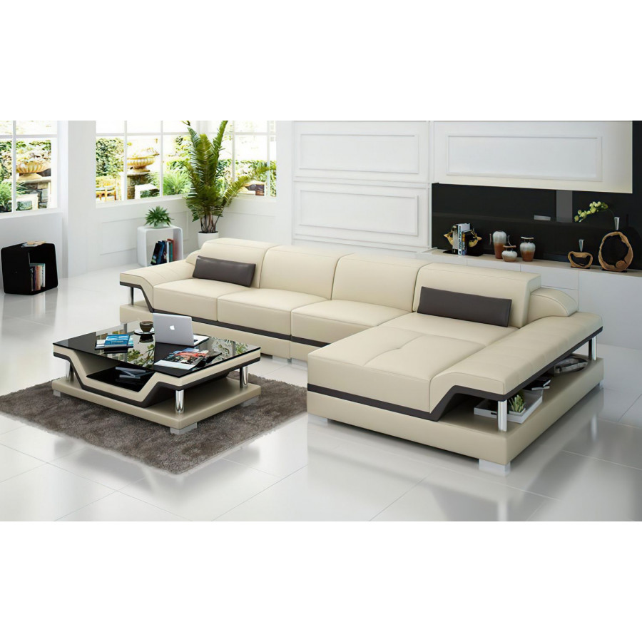 Jubilee Taliya Small Modern Right Hand Facing Sectional - Beige/Dark Brown, Top Grain Italian Leather