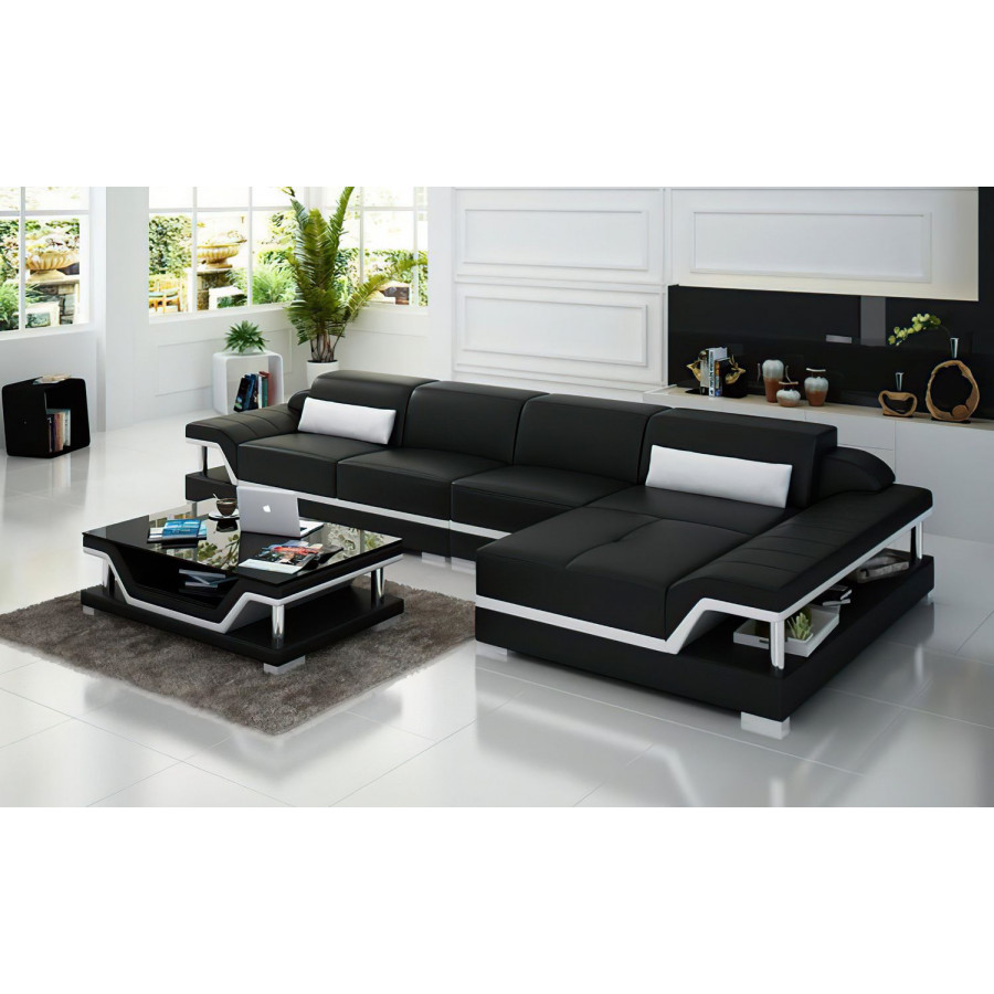 Jubilee Taliya Small Modern Right Hand Facing Sectional - Black/White, Top Grain Italian Leather