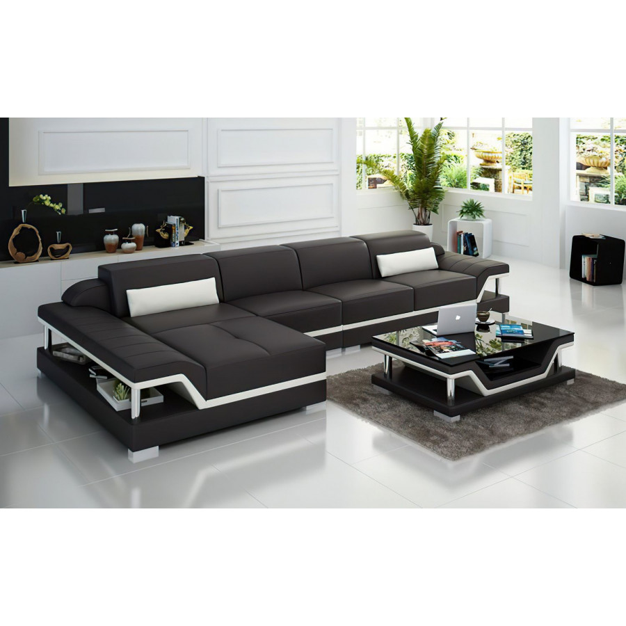 Jubilee Taliya Small Modern Left Hand Facing Sectional - Dark Brown/White, Top Grain Italian Leather