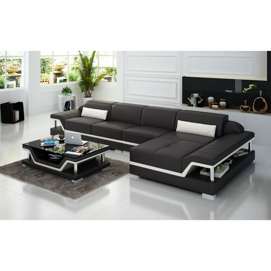 Jubilee Taliya Small Modern Right Hand Facing Sectional - Dark Brown/White, Top Grain Italian Leather