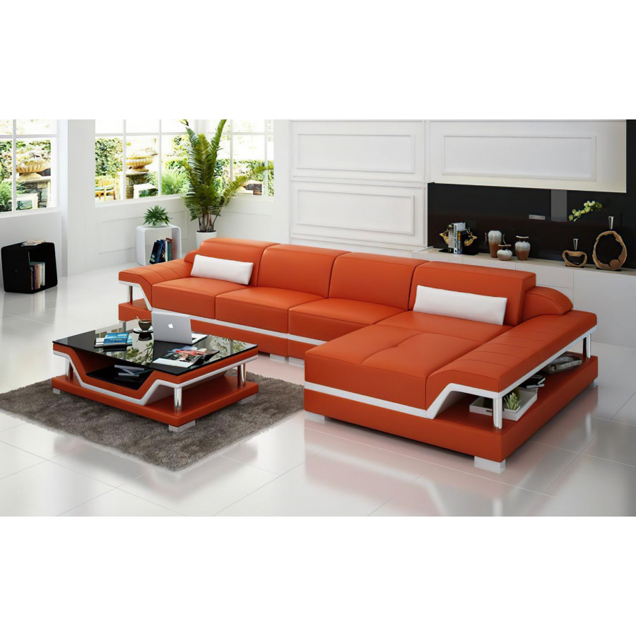 Jubilee Taliya Small Modern Right Hand Facing Sectional - Orange/White, Top Grain Italian Leather