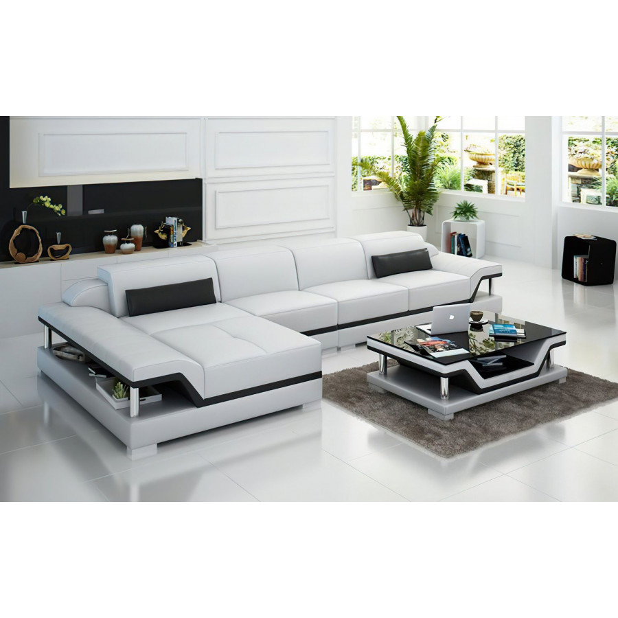 Jubilee Taliya Small Modern Left Hand Facing Sectional - White/Black, Top Grain Italian Leather
