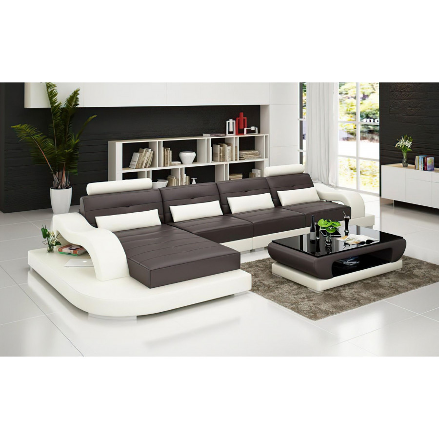 Jubilee Nebula Small Modern Left Hand Facing Sectional - Dark Brown/White, Top Grain Italian Leather