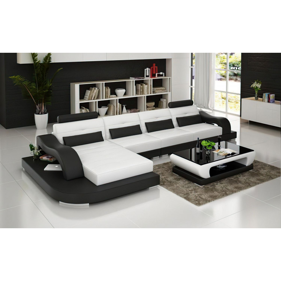 Jubilee Nebula Small Modern Left Hand Facing Sectional - White/Black, Top Grain Italian Leather