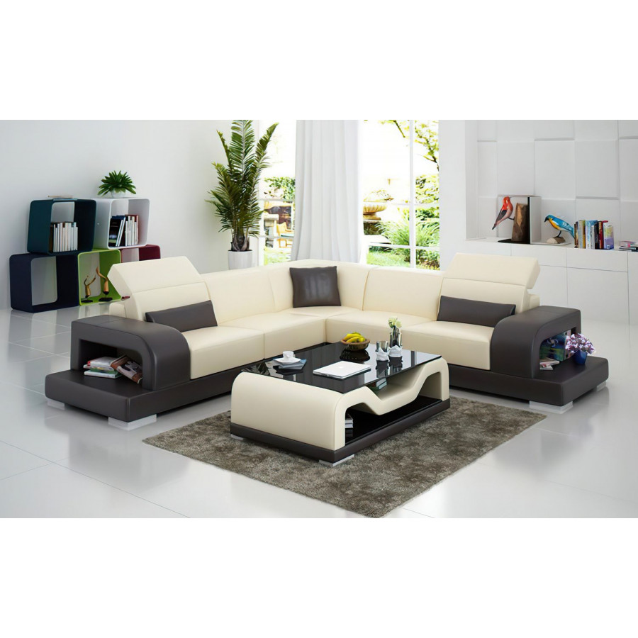 Jubilee Gara Modern Sectional - Beige/Dark Brown, Top Grain Italian Leather