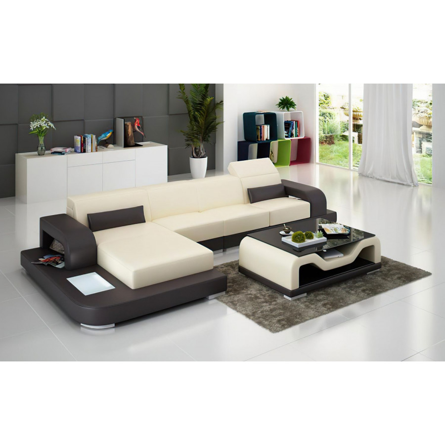 Jubilee Gara Small Modern Left Hand Facing Sectional - Beige/Dark Brown, Top Grain Italian Leather