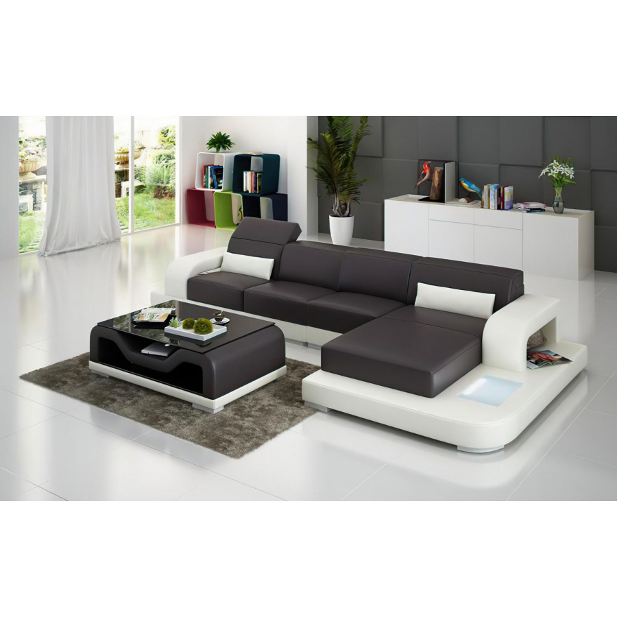 Jubilee Gara Small Modern Right Hand Facing Sectional - Dark Brown/White, Top Grain Italian Leather