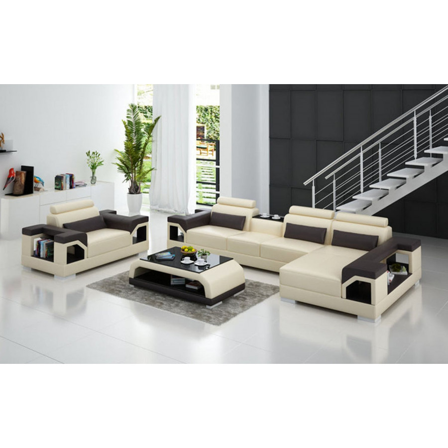 Jubilee Talos Small Modern Right Hand Facing Sectional with Armrest Chair - Beige/Dark Brown, Bonded Leather