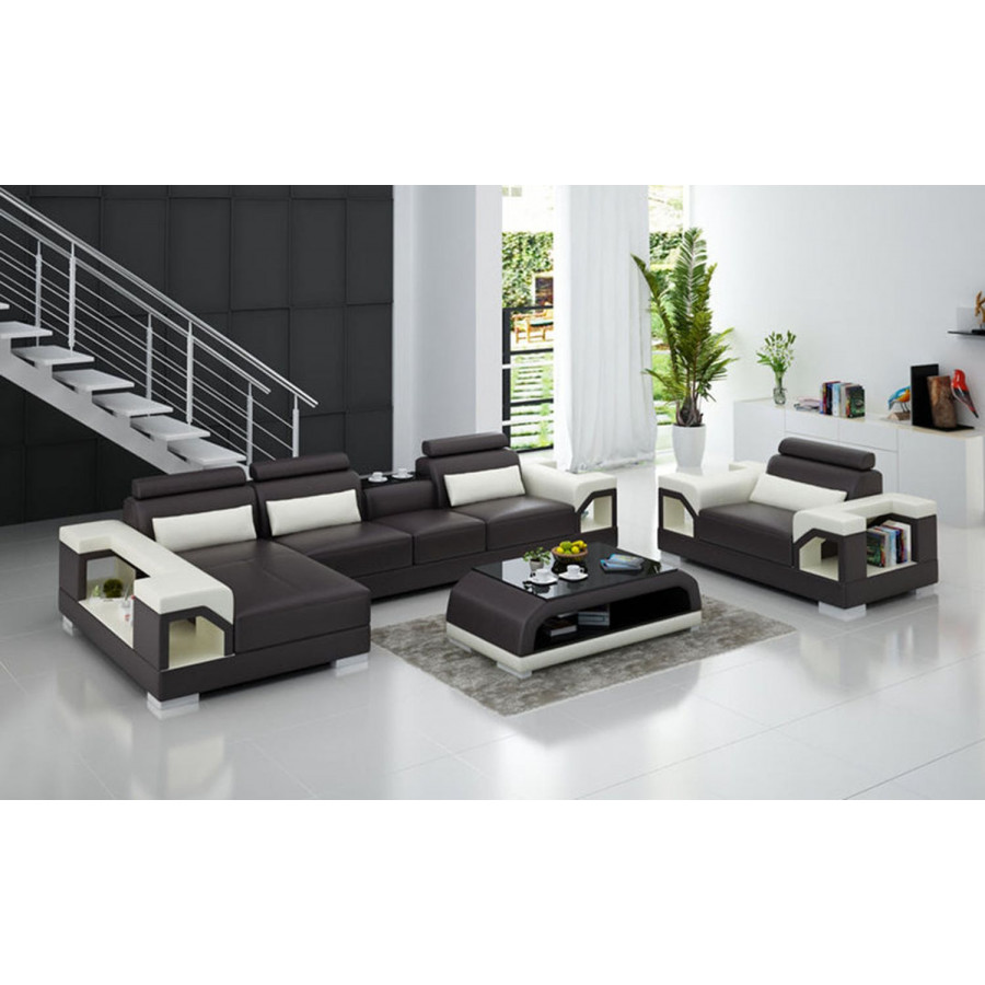 Jubilee Talos Small Modern Left Hand Facing Sectional with Armrest Chair - Dark Brown/White, Bonded Leather