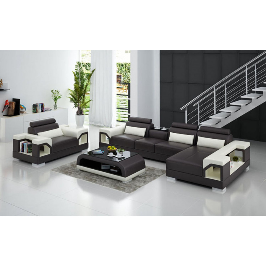 Jubilee Talos Small Modern Right Hand Facing Sectional with Armrest Chair - Dark Brown/White, Top Grain Italian Leather