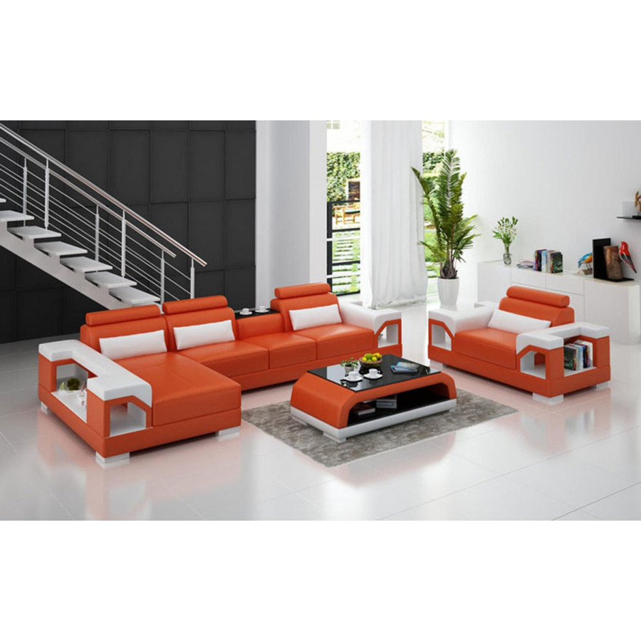 Jubilee Talos Small Modern Left Hand Facing Sectional with Armrest Chair - Orange/White, Bonded Leather
