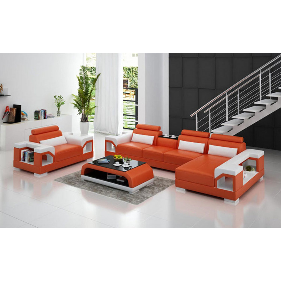 Jubilee Talos Small Modern Right Hand Facing Sectional with Armrest Chair - Orange/White, Top Grain Italian Leather