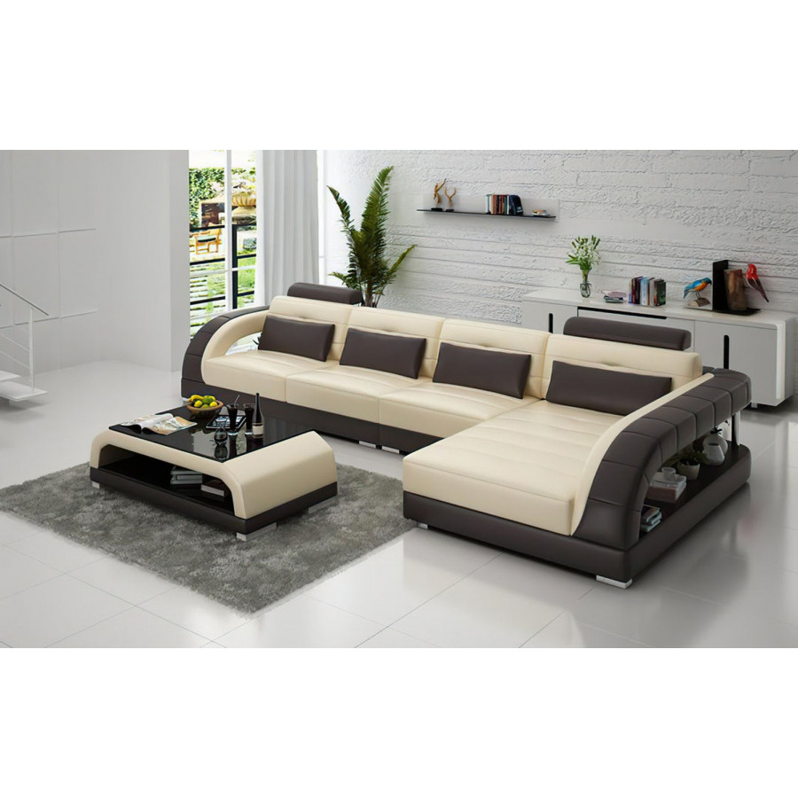 Jubilee Lacus Small Modern Left Hand Facing Sectional - Beige/Dark Brown, Top Grain Italian Leather