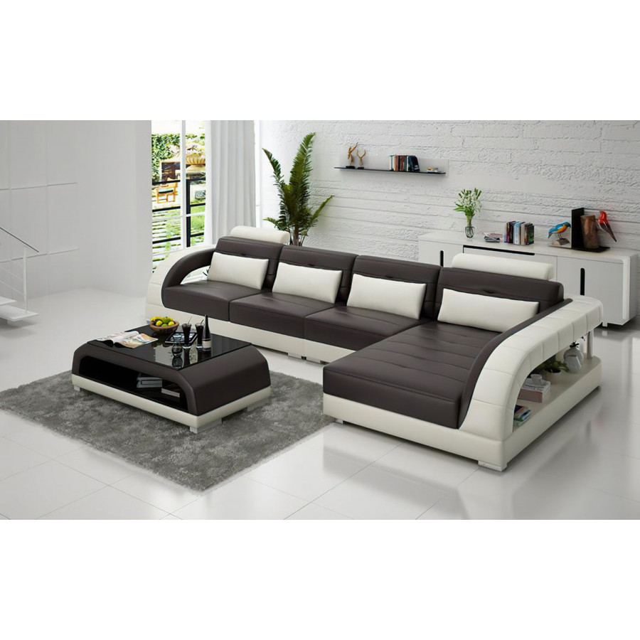 Jubilee Lacus Small Modern Right Hand Facing Sectional - Dark Brown/White, Top Grain Italian Leather