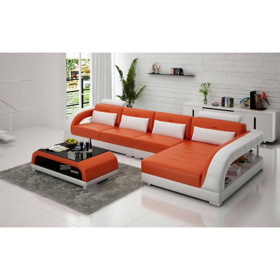Jubilee Lacus Small Modern Left Hand Facing Sectional - Orange/White, Top Grain Italian Leather