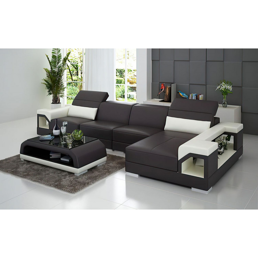 Jubilee Edwin Small Modern Left Hand Facing Sectional - Dark Brown/White, Top Grain Italian Leather