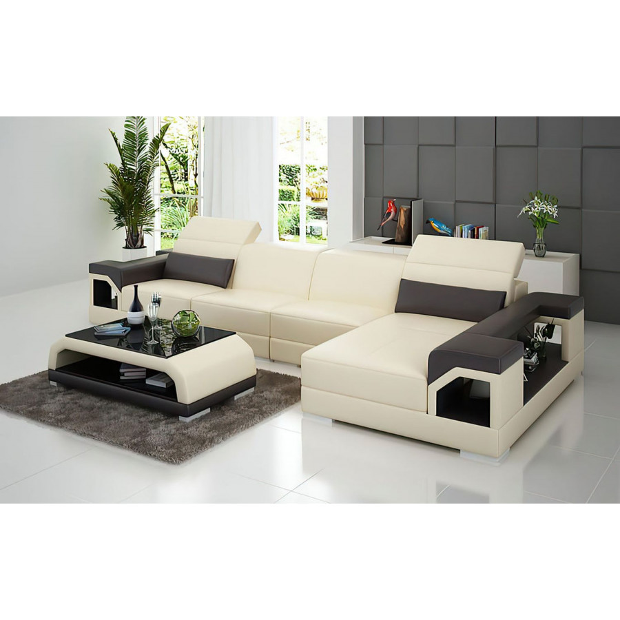 Jubilee Edwin Small Modern Right Hand Facing Sectional - Beige/Dark Brown, Bonded Leather