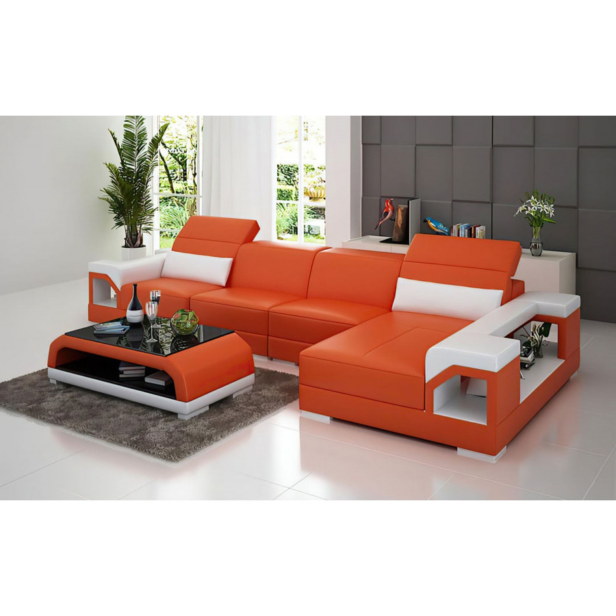 Jubilee Edwin Small Modern Left Hand Facing Sectional - Orange/White, Top Grain Italian Leather