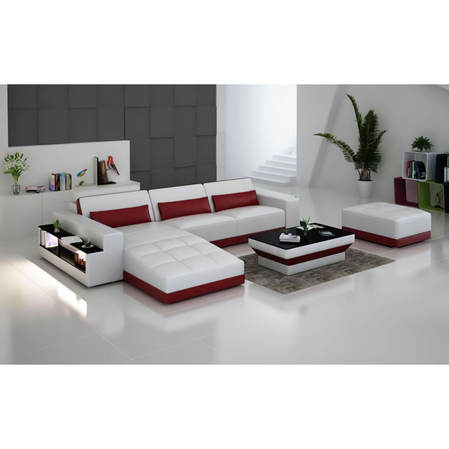 Jubilee Silian Left Hand Facing Sectional with Storage and Led - White/Red, Top Grain Italian Leather