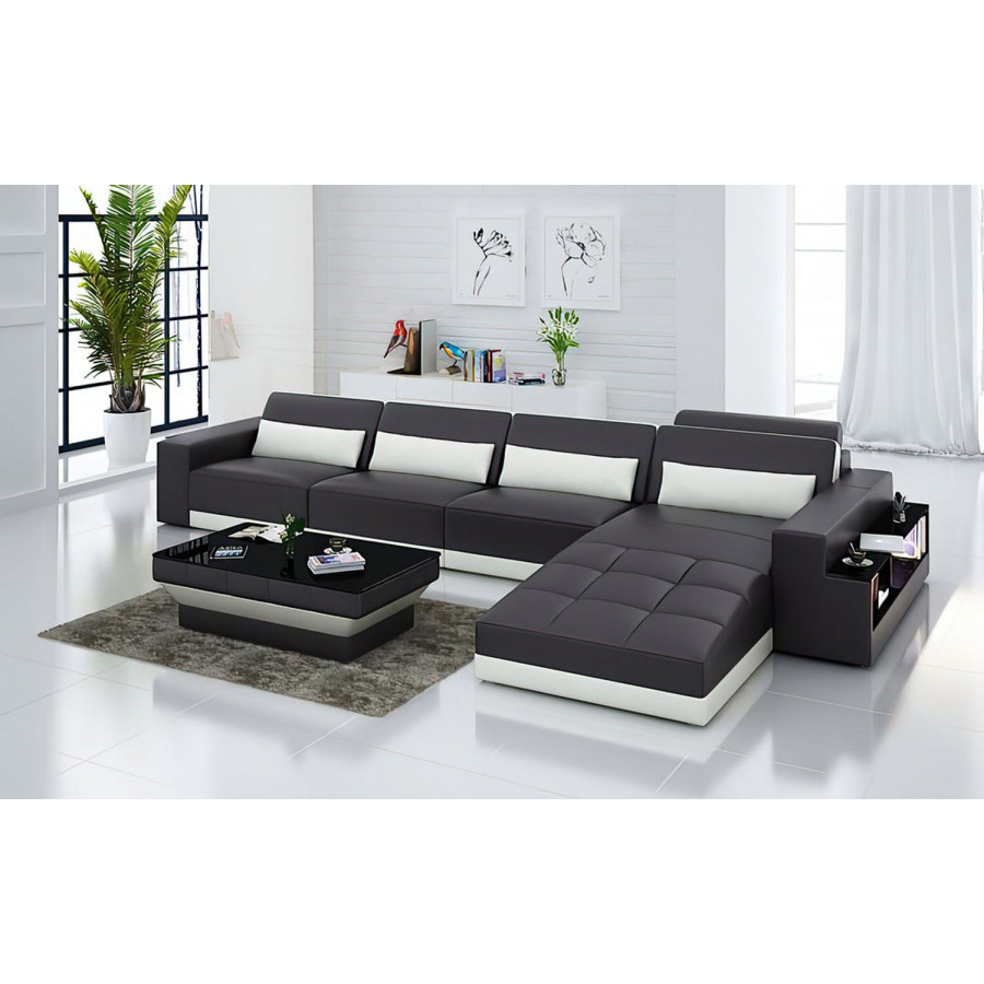 Jubilee Silian Small Modern Right Hand Facing Sectional - Dark Brown/White, Bonded Leather