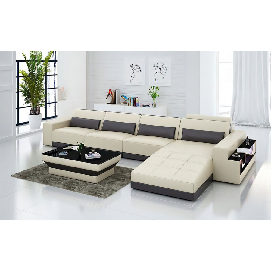 Jubilee Silian Small Modern Right Hand Facing Sectional - Beige/Dark Brown, Top Grain Italian Leather