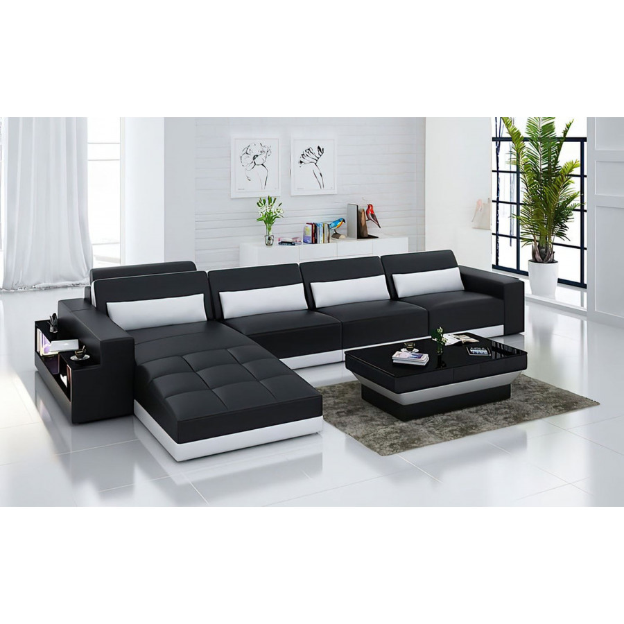 Jubilee Silian Small Modern Left Hand Facing Sectional - Black/White, Top Grain Italian Leather