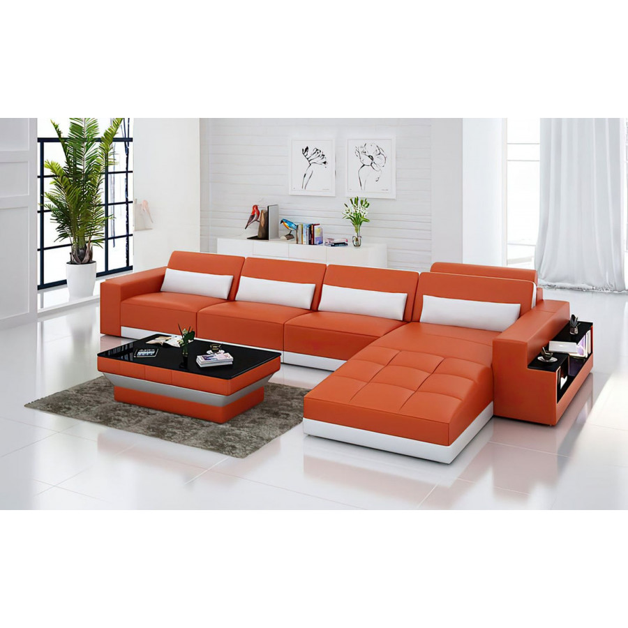 Jubilee Silian Small Modern Right Hand Facing Sectional - Orange/White, Bonded Leather