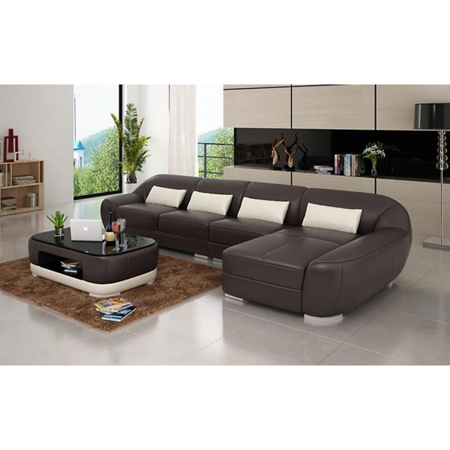 Jubilee Semira Small Modern Right Hand Facing Sectional - Dark Brown/White, Top Grain Italian Leather