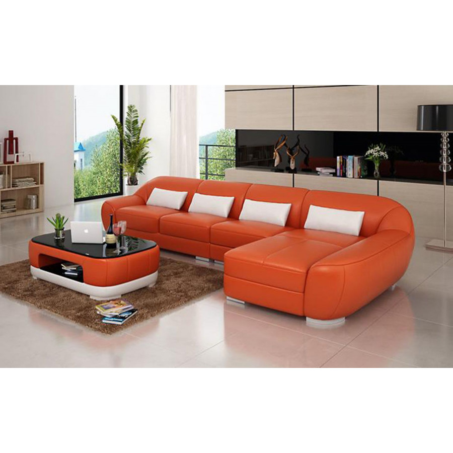 Jubilee Semira Small Modern Right Hand Facing Sectional - Orange/White, Top Grain Italian Leather