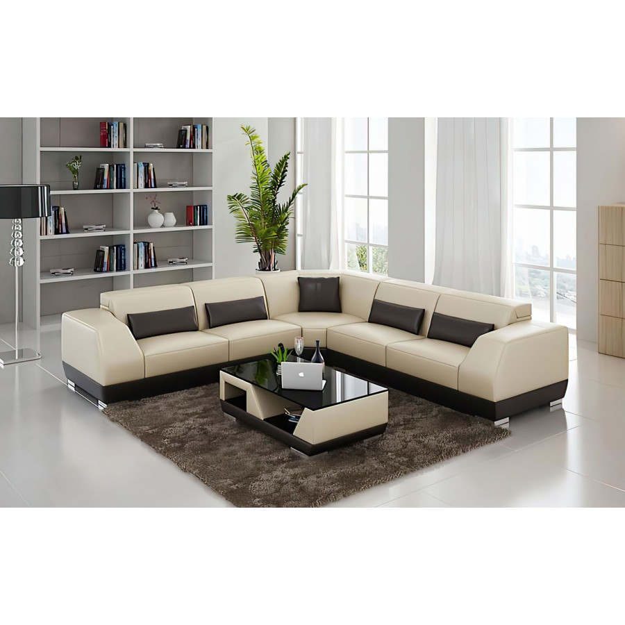 Jubilee Amanda Modern Sectional - Beige/Dark Brown, Top Grain Italian Leather
