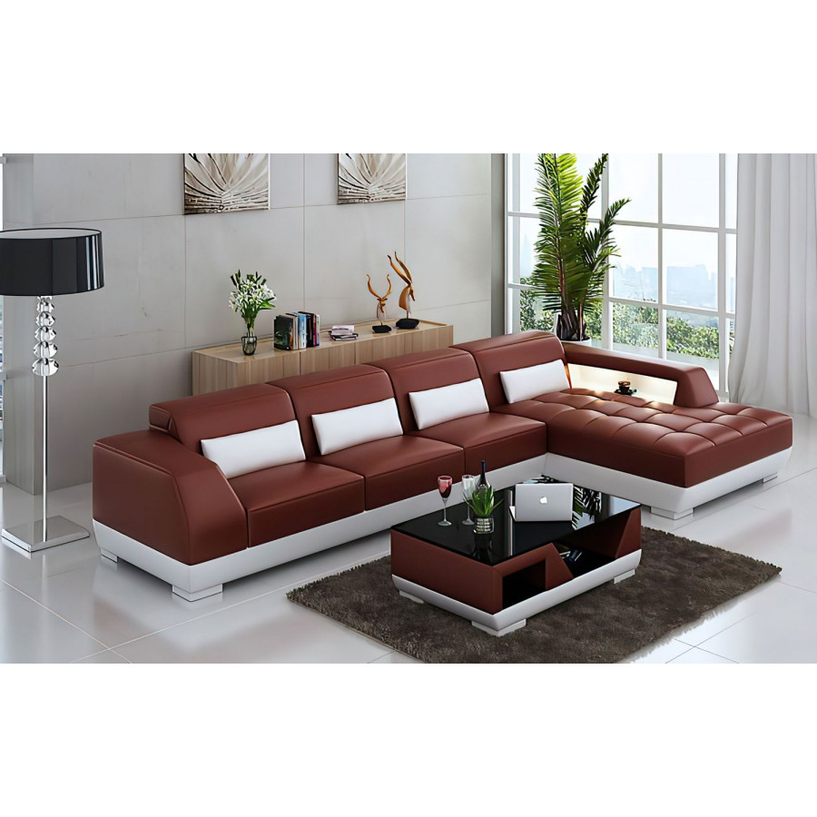 Jubilee Amanda Small Modern Left Hand Facing Sectional with Tufted Chaise - Brown/White, Bonded Leather