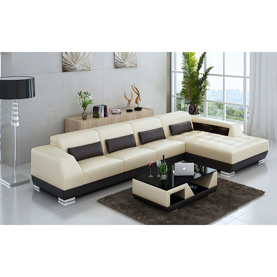 Jubilee Amanda Small Modern Right Hand Facing Sectional with Tufted Chaise - Beige/Dark Brown, Bonded Leather