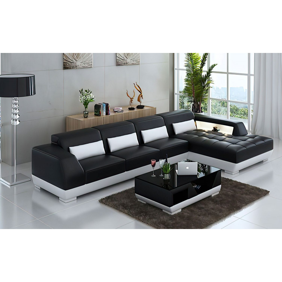 Jubilee Amanda Small Modern Right Hand Facing Sectional with Tufted Chaise - Dark Brown/White, Top Grain Italian Leather