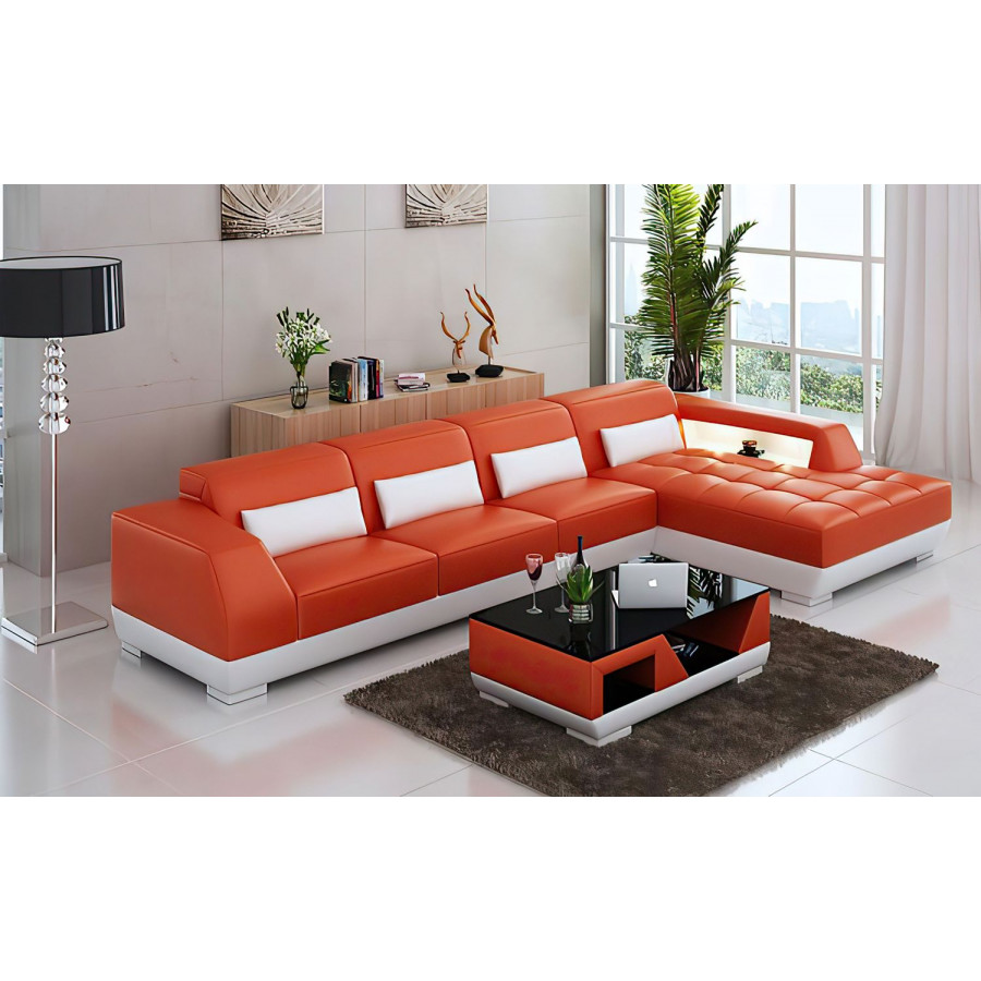 Jubilee Amanda Small Modern Left Hand Facing Sectional with Tufted Chaise - Orange/White, Bonded Leather