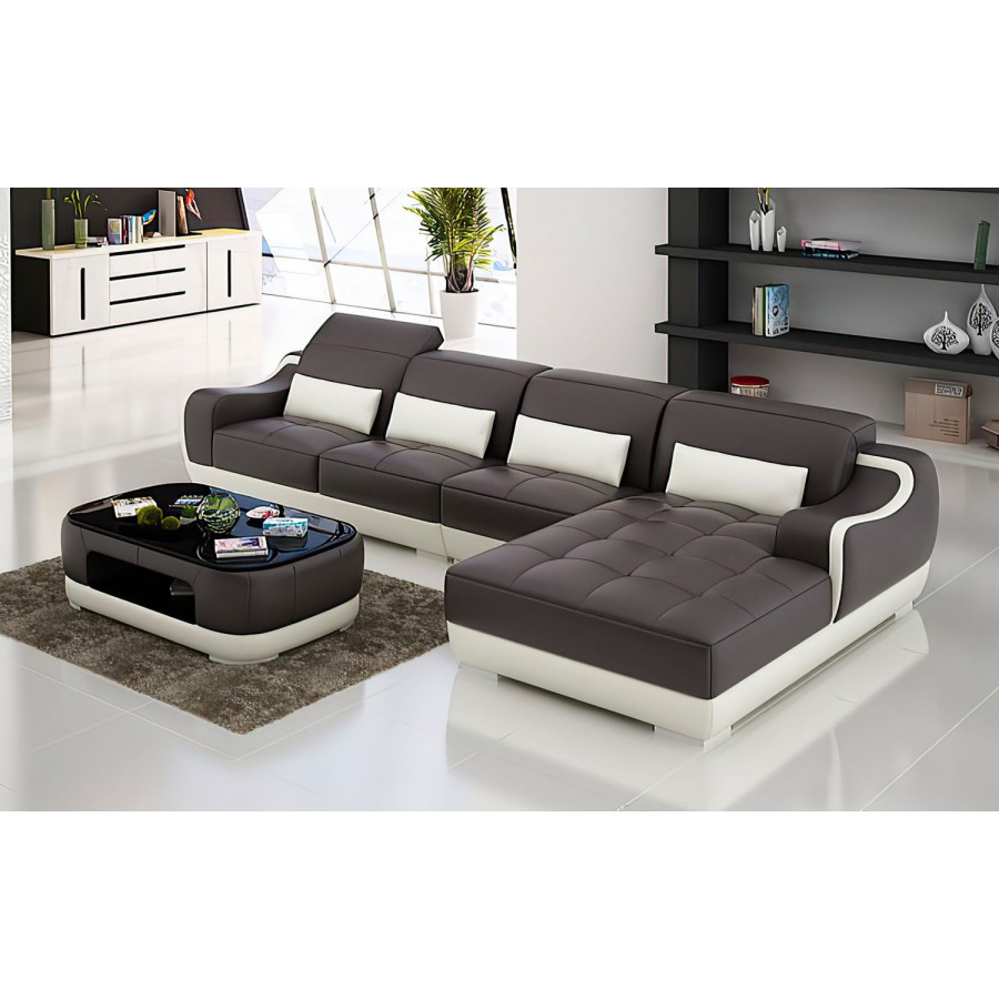 Jubilee Amir Small Modern Right Hand Facing Sectional with Tufted Chaise - Dark Brown/White, Top Grain Italian Leather