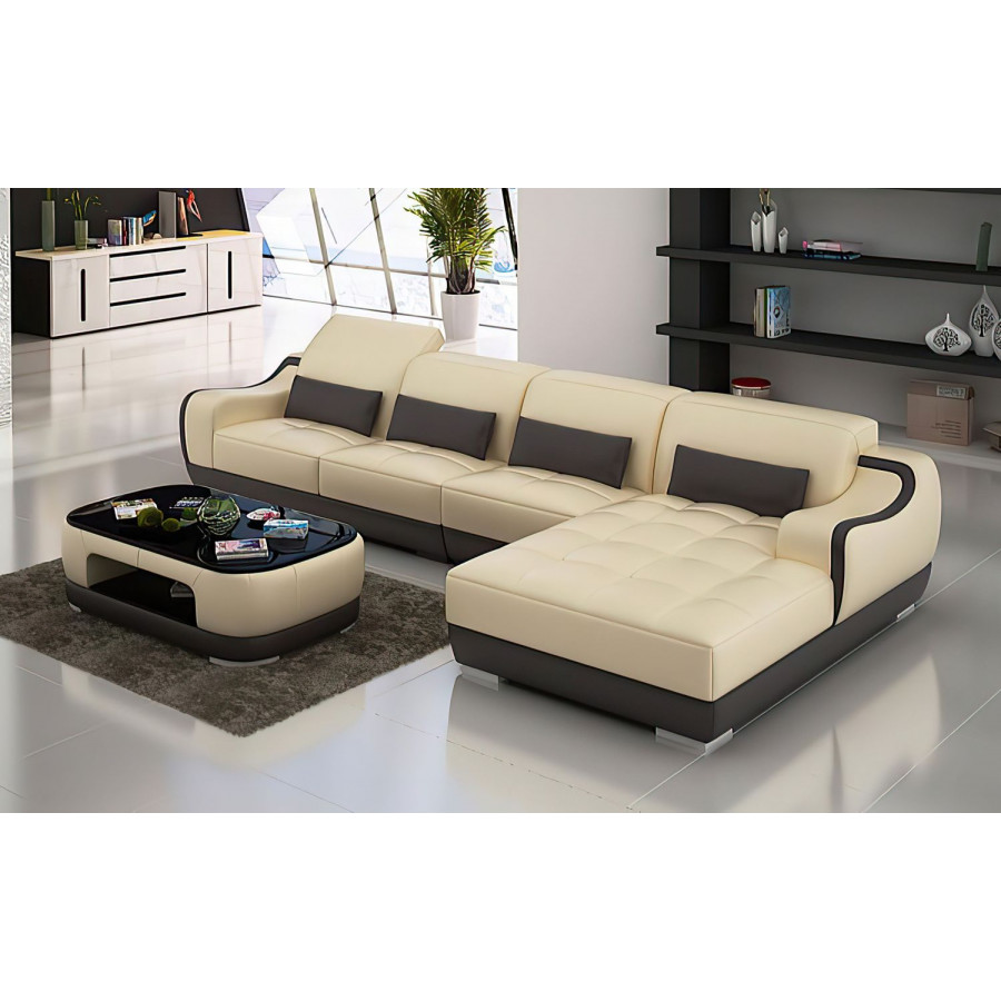 Jubilee Amir Small Modern Left Hand Facing Sectional with Tufted Chaise - Beige/Dark Brown, Bonded Leather