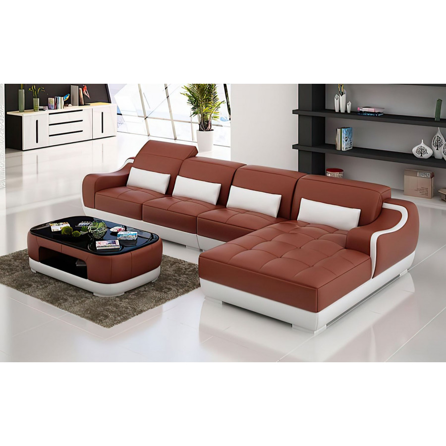 Jubilee Amir Small Modern Left Hand Facing Sectional with Tufted Chaise - Brown/White, Bonded Leather