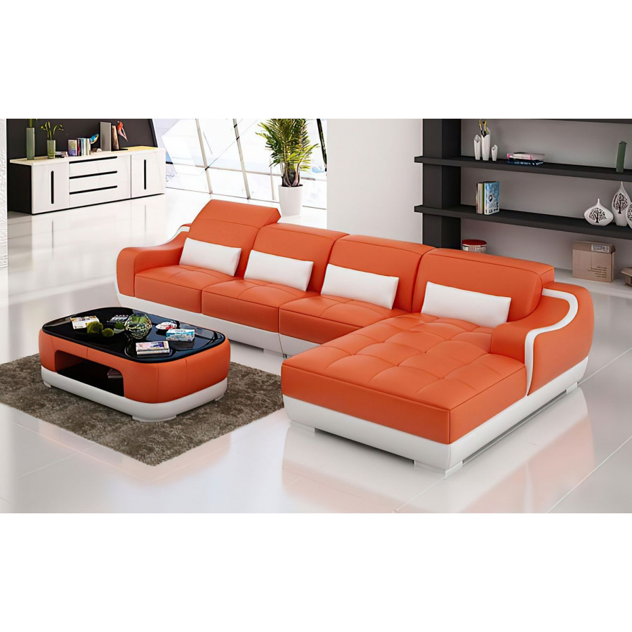 Jubilee Amir Small Modern Right Hand Facing Sectional with Tufted Chaise - Orange/White, Top Grain Italian Leather