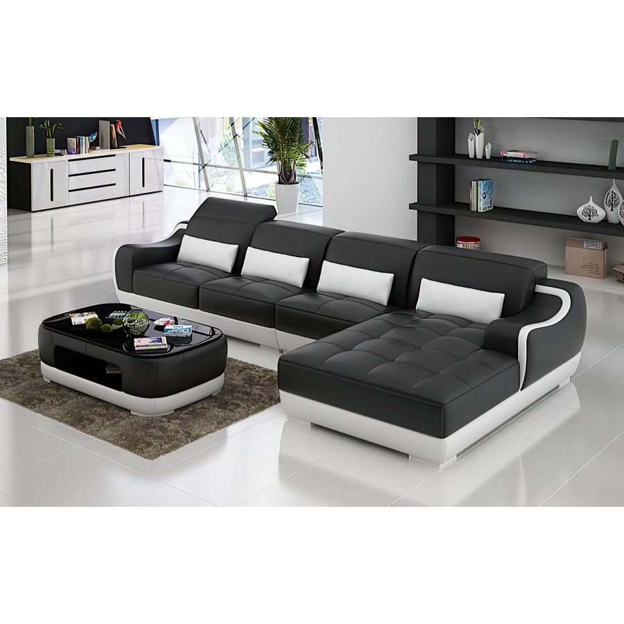 Jubilee Amir Small Modern Right Hand Facing Sectional with Tufted Chaise - Black/White, Top Grain Italian Leather