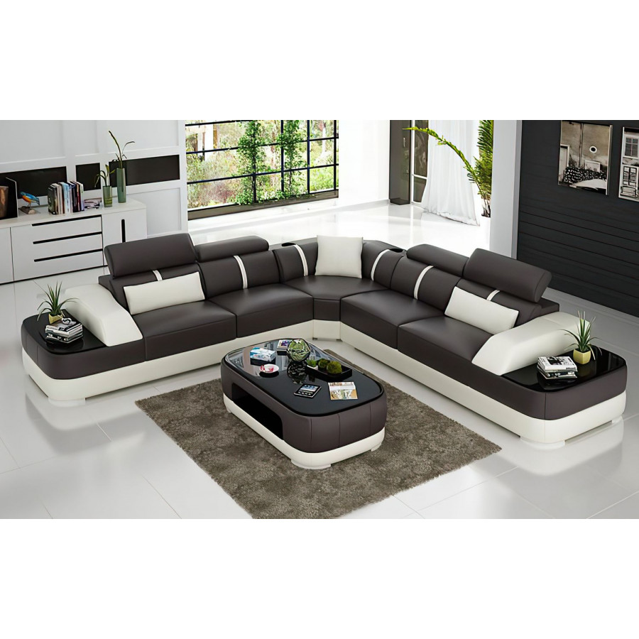 Jubilee Grimdale Modern Sectional - Dark Brown/White, Top Grain Italian Leather