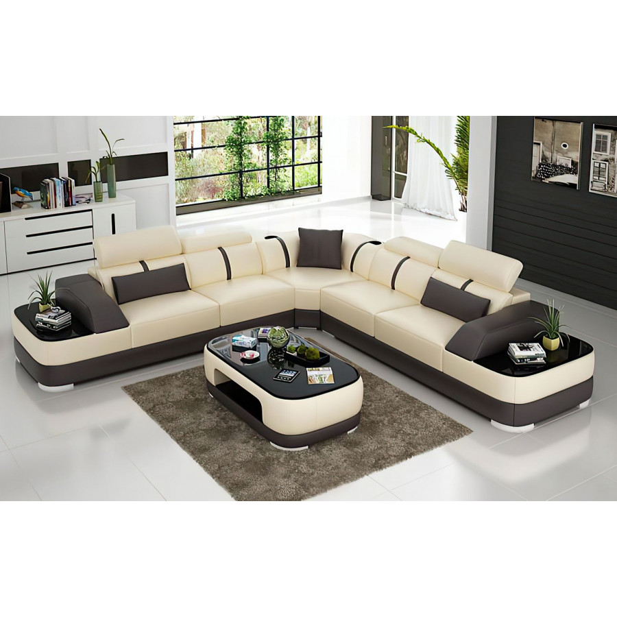 Jubilee Grimdale Modern Sectional - Beige/Dark Brown, Top Grain Italian Leather