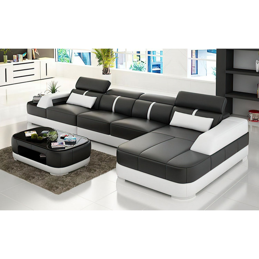 Jubilee Grimdale Small Modern Right Hand Facing Sectional - Black/White, Bonded Leather