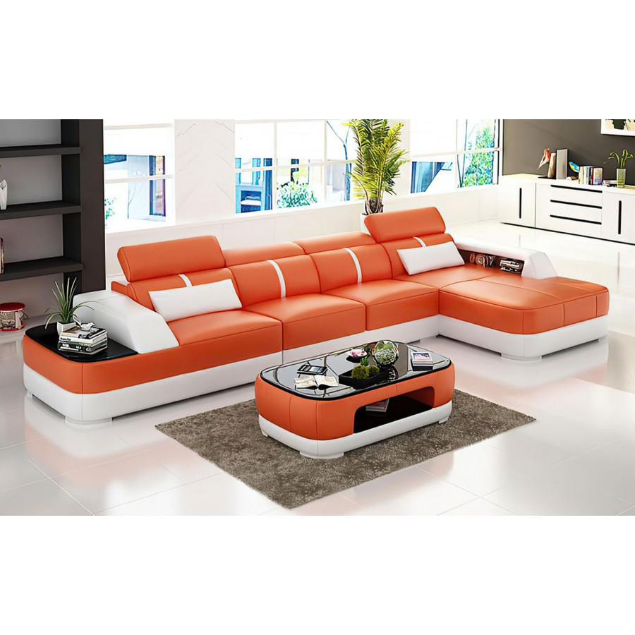 Jubilee Grimdale Small Modern Right Hand Facing Sectional - Orange/White, Bonded Leather