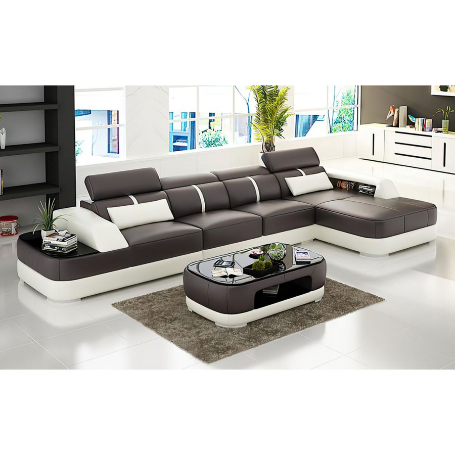 Jubilee Grimdale Small Modern Right Hand Facing Sectional - Dark Brown/White, Bonded Leather