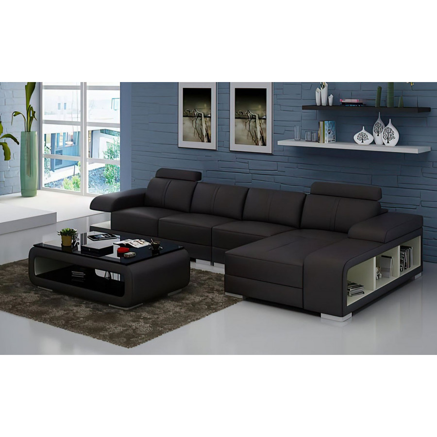 Jubilee Elza Small Modern Right Hand Facing Sectional - Dark Brown/White, Top Grain Italian Leather