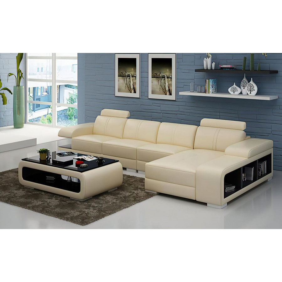 Jubilee Elza Small Modern Left Hand Facing Sectional - Beige/Dark Brown, Top Grain Italian Leather
