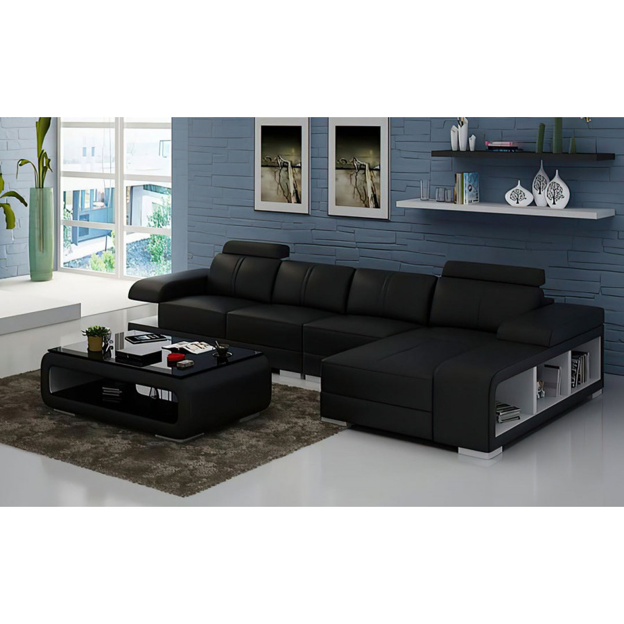 Jubilee Elza Small Modern Right Hand Facing Sectional - Black/White, Top Grain Italian Leather