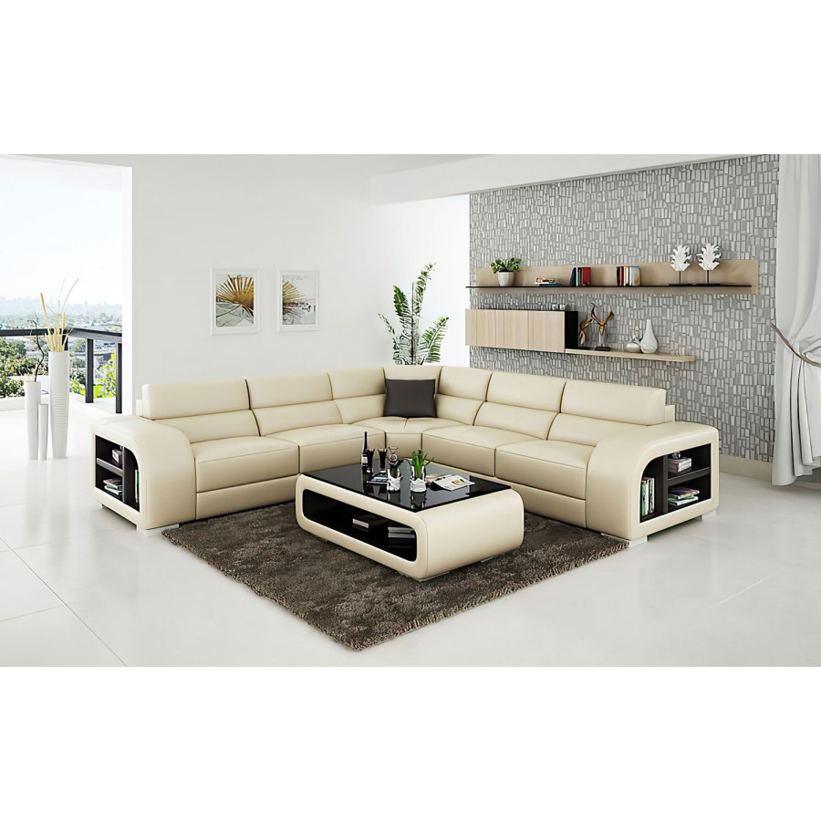 Jubilee Poris Modern Sectional - Cream/Dark Brown, Bonded Leather